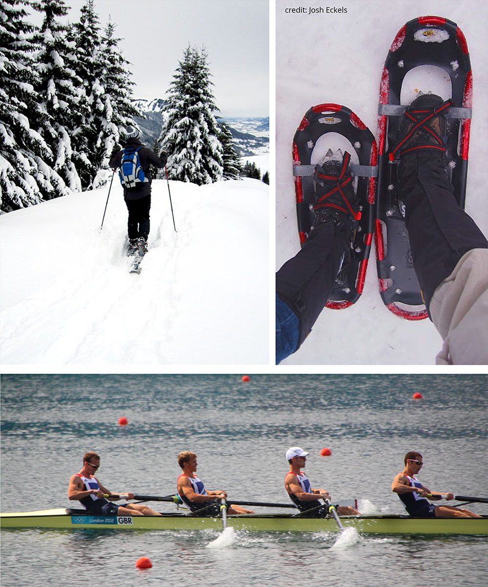 A skier (top left), snow boots (top right) and 4 men rowing crew (bottom)