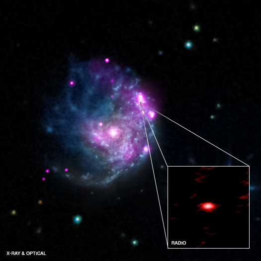 An intriguing object has been found in one of the spiral arms of the galaxy NGC 2276.  This source, called NGC 2276-3c, appears to be an intermediate-mass black hole.  According to X-ray and radio data, NGC 2276-3c contains about 50,000 times the mass of the Sun.
