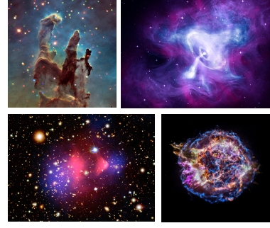 A grouping of four images: Top left, image of M16 Eagle Nebula, also known as Pillars of Humanity; top right, image of Crab Nebula; bottom left, image of Bullet Cluster; bottom right, image of Cassiopeia A