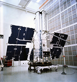 A historical image of the Copernicus satellite in the clean room