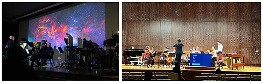 Two images of ensembles playing music on different stages in different locations.