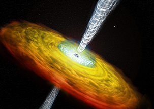 Artist's illustration of a supermassive black hole,<br>and its corona threaded by magnetic fields.