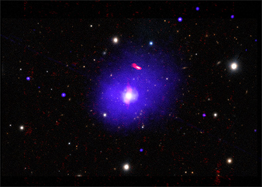 A composite image of H1821+643 in X-ray, radio, and optical light.