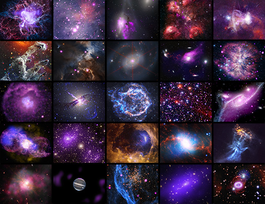 This image shows a collection of 25 new space images celebrating the Chandra X-ray Observatory's 25th anniversary. The images are arranged in a grid, displayed as five images across in five separate rows.