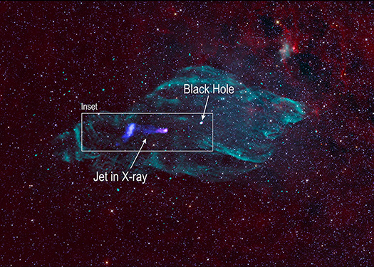 The main image of this release with labels pointing out a black hole and jet in X-ray.