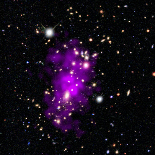 An X-ray and optical light composite of the Champagne Cluster.