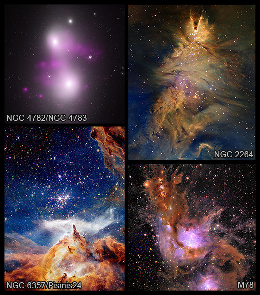 A labeled version of the main image showing four images. Labeled are, top left, NGC 4782 and NGC 4783, top right NGC 2264, bottom left, NGC 6357 and Pismis 24, bottom right, M78.