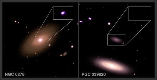 A labeled version of two optical light images of galaxies captured by the Sloan Digital Sky Survey, presented side-by-side. At the upper righthand corner of each image is an inset highlighting X-ray data from Chandra. Left is NGC 6278; Right is PGC 039620.