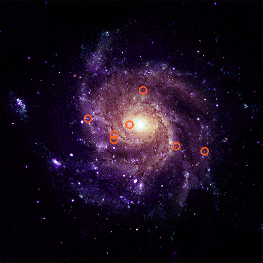 A version of the main image that adds illustrated circles calling out seven of the newly-discovered objects.