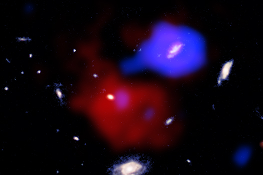 A black hole may be stirring a “pot” of gas containing a neighboring galaxy in the early universe.