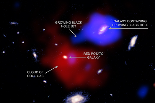 A version of the main image with labels calling out the red potato galaxy and an X-ray jet.
