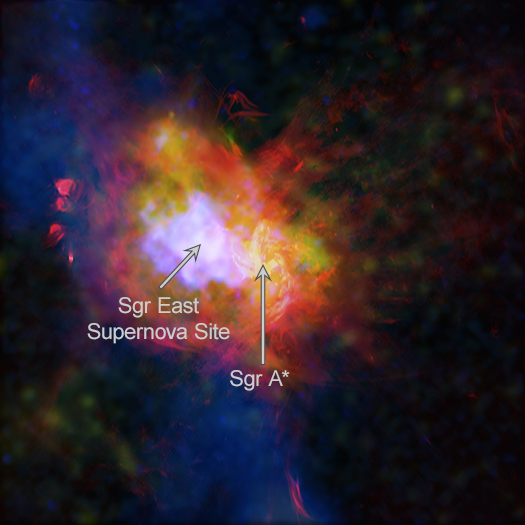 A labeled version of the main image that points out the Sgr East Supernova Site to the left of our galaxy's supermassive black hole, Sgr A*.