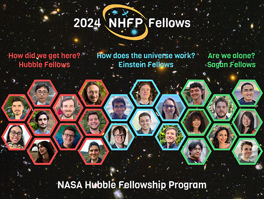 The class of 2024 NHFP Fellows are shown in this photo montage (top to bottom, left to right):

The Hubble Fellows (seen in the red hexagons) are:  Michael Calzadilla, Sanskriti Das, Yue Hu, Wynn Jacobson-Galan,  Madeleine McKenzie, Jed McKinney, Andrew Saydjari, Peter Senchyna, Raphael Skalidis and Adam Smercina.

The Einstein Fellows (seen in the blue hexagons) are: Vishal Baibhav, Jordy Davelaar, Alexander Dittmann, Cristhian Garcia-Quintero, Amelia (Lia) Hankla and Keefe Mitman. 

The Sagan Fellows (seen in green hexagons) are: Jaren Ashcraft, Kiersten Boley, Cheng-Han Hsieh, Rafael Luque, Sarah Moran, Shangjia Zhang, Lily Zhao and Sebastian Zieba.