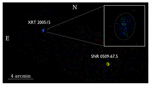 A labeled astronomical image showing XRT 200515 with enlargement.